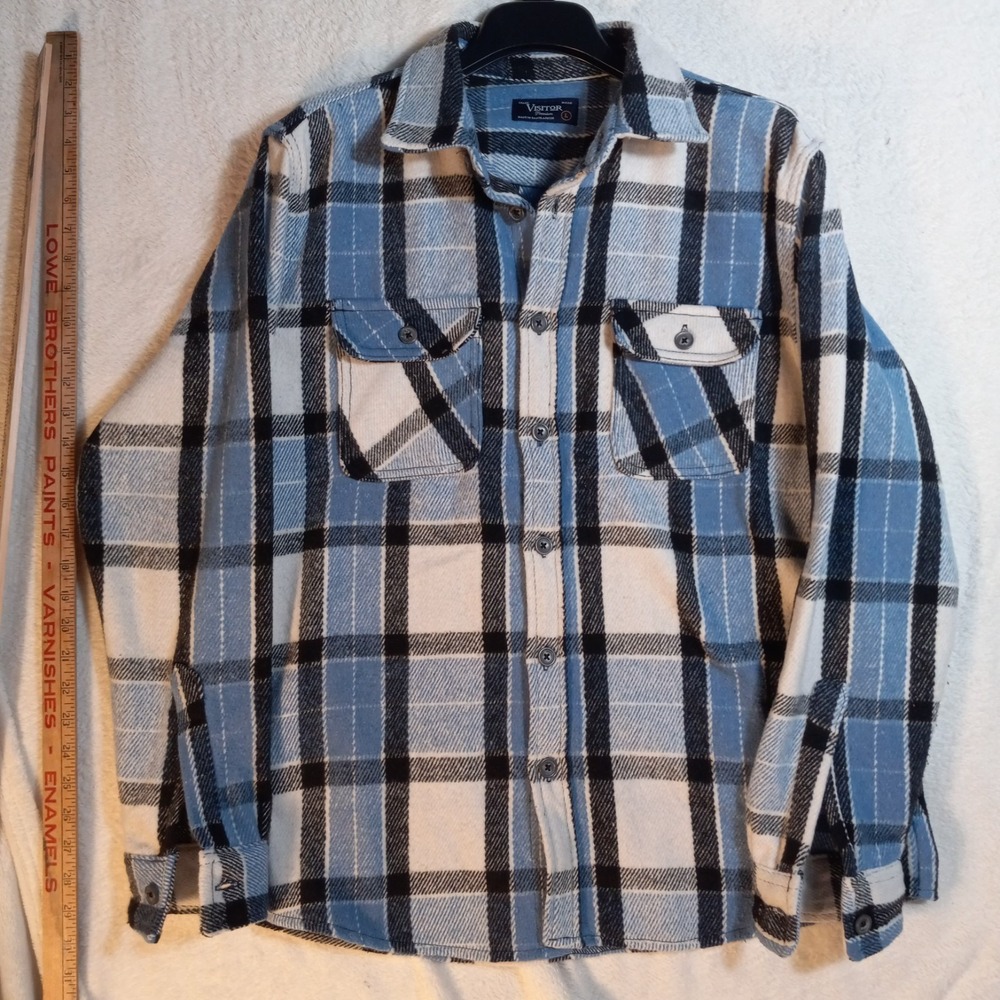 Visitor Premium Mens Large Blue Grey Plaid Flannel Jacket Side Pockets Heavy